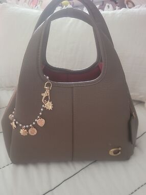 Pebbled Taupe Mini Crossbody Tote with Gold Charm Detail
